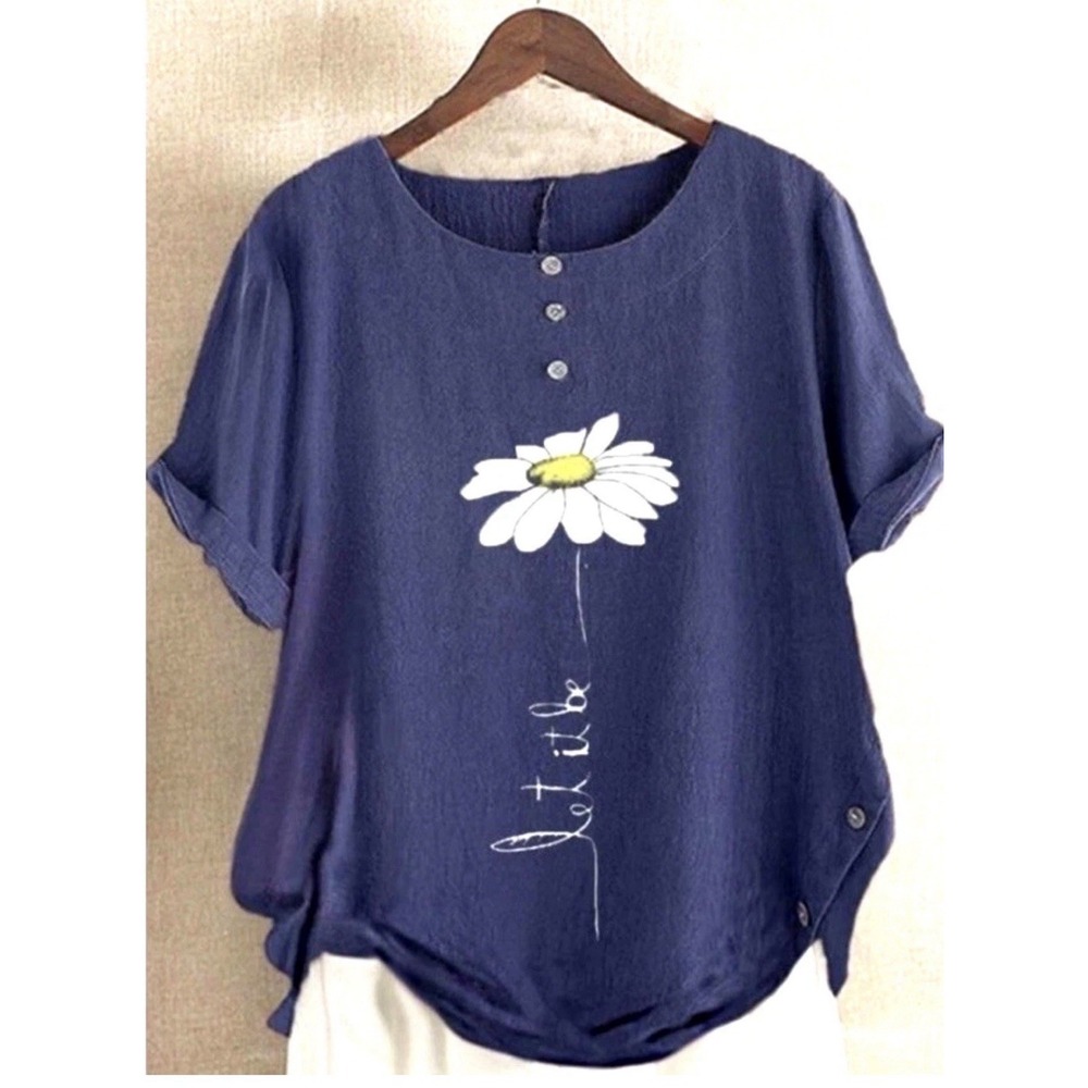 Women's 2XL Navy 100% Cotton White Daisy 1/2 Sleeve T-Shirt Top Summer Let It Be